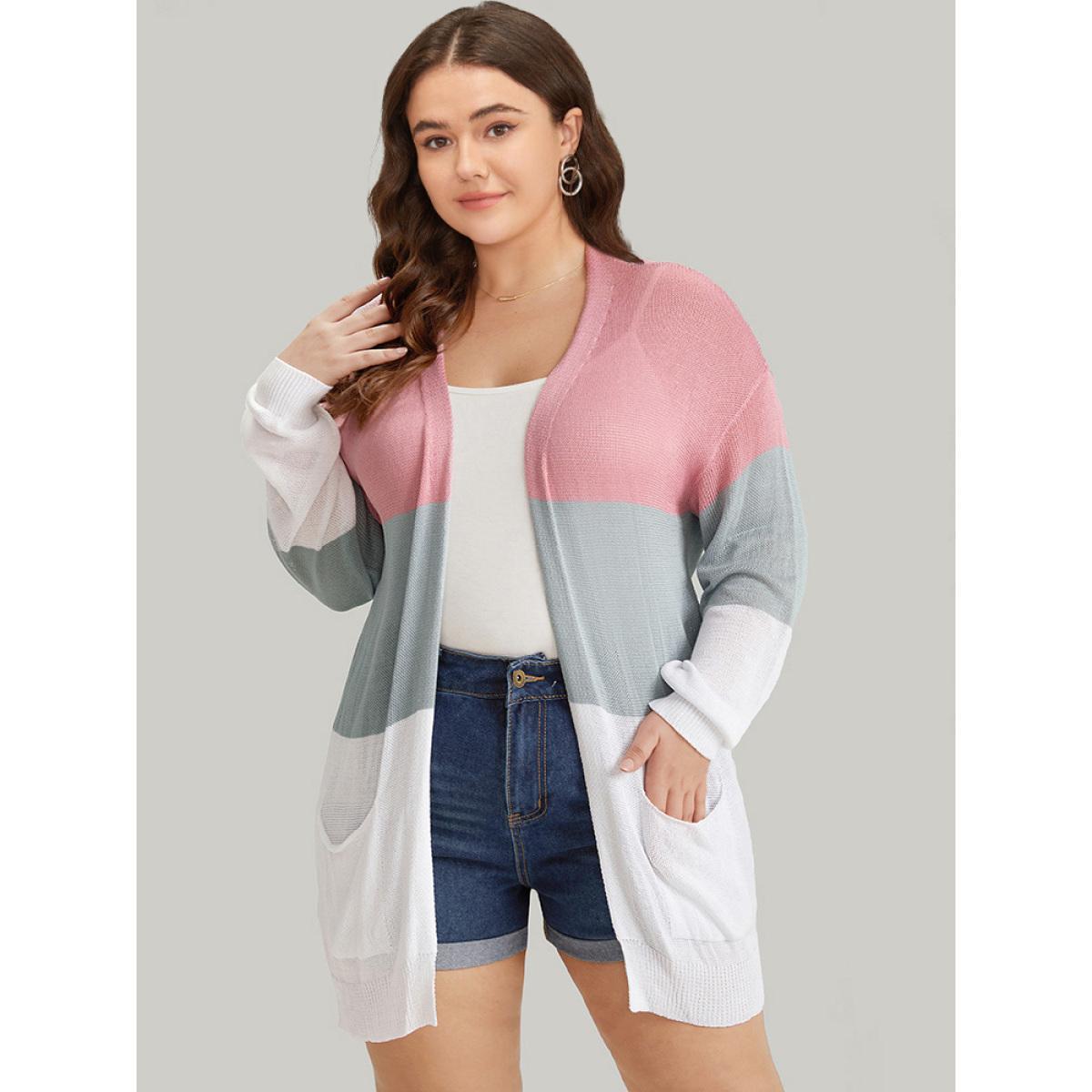Plus Size Colorblock Pocket Drop Shoulder Elastic Cuffs Contrast Cardigan Pink Women Casual Loose Long Sleeve Dailywear Cardigans BloomChic 18-20/2X Product Image