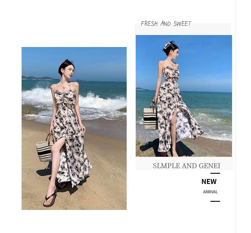 Halter Floral Open Back Slit Maxi A-Line Sundress Product Image