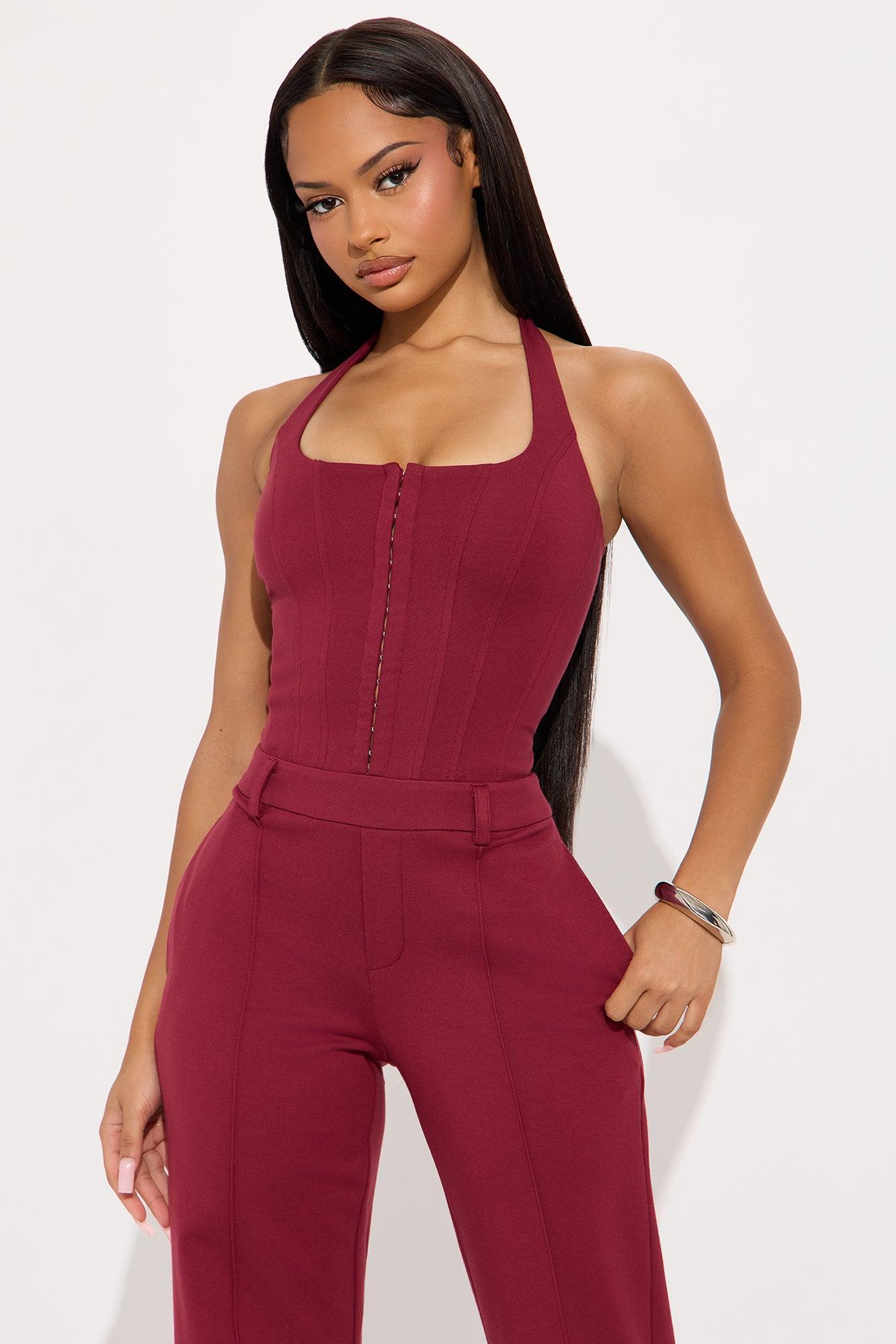 In Command Ponte Halter Wide Leg Jumpsuit - Burgundy Female Product Image
