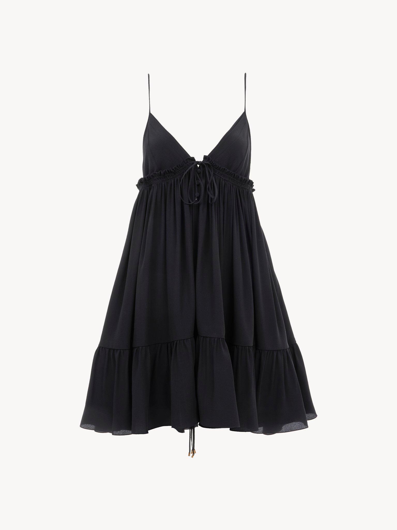 Thin-strap gathered mini dress in crêpe de chine Product Image