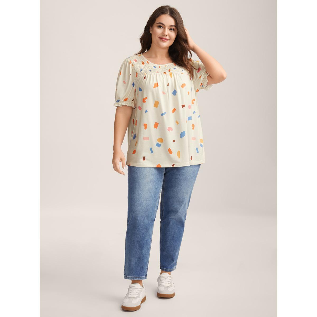 Plus Size Confetti Print Shirred Round Neck T-Shirt Multicolor Women Gathered Round Neck Everyday-Casual T-shirts BloomChic 30/6X Product Image