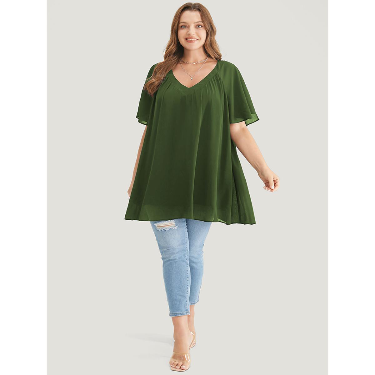 Plus Size Moss Solid Ruffles Gathered Mesh Raglan Sleeve Blouse Women Elegant Short sleeve V-neck Dailywear Blouses BloomChic 28/5X Product Image