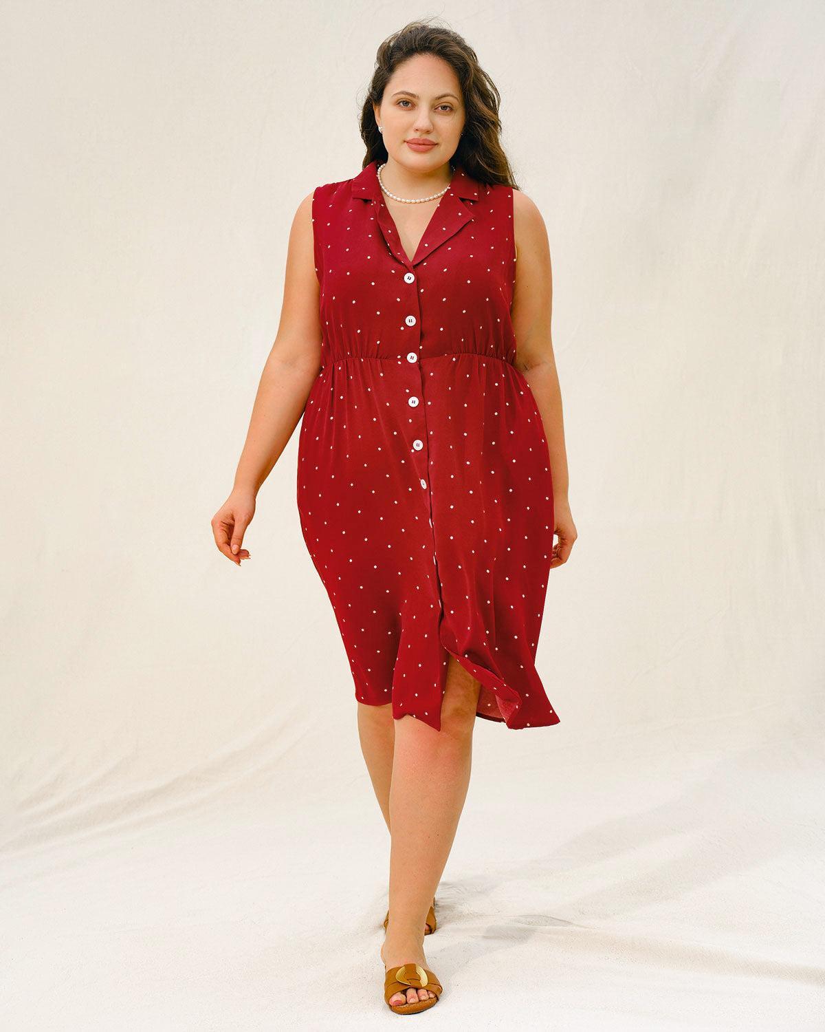 Red Polka Dot Plus Size Button Midi Dress Product Image