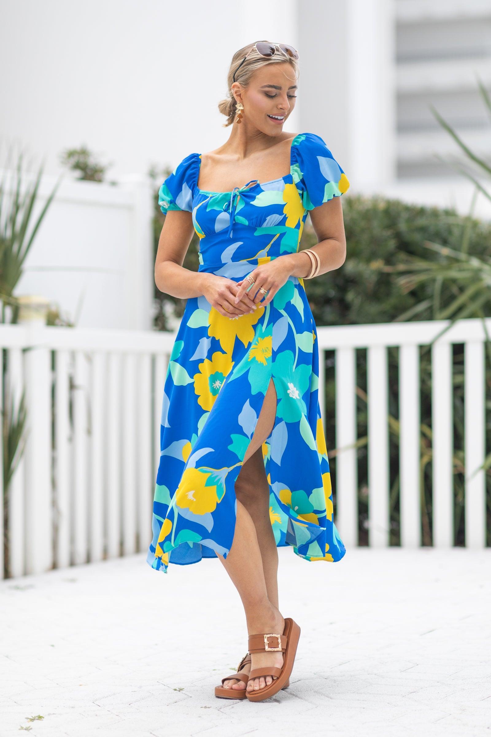 Blue Square Neck Floral Midi Dress With Slit Product Image