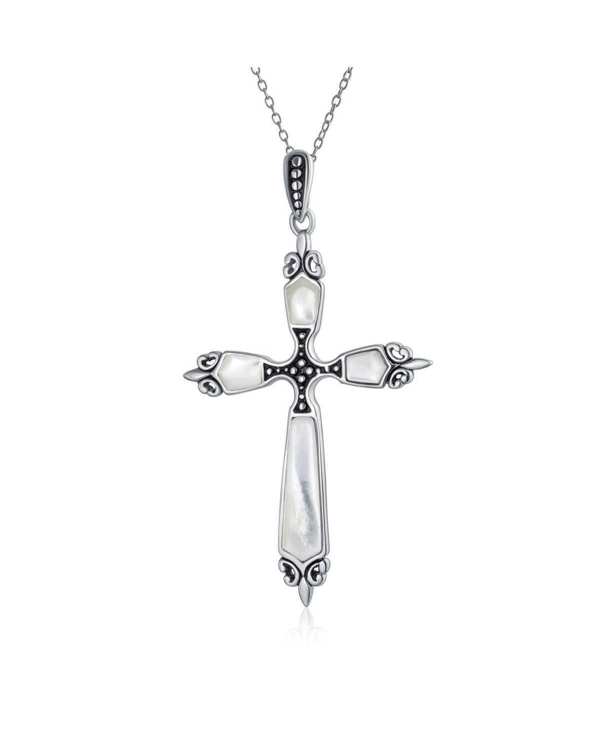 Bling Jewelry Western Style Spiritual Religious Blue Natural Turquoise Fleur De Lis Cross Pendant Necklace For Women Oxidized Sterling Silver Product Image
