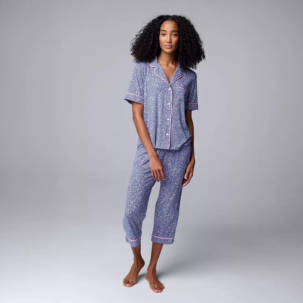 Women's Simply Vera Vera Wang 2-Piece Short Sleeve Notch Collar Pajama Top & Capri Pajama Bottoms Set, Size: XL, Blue Hearts Product Image