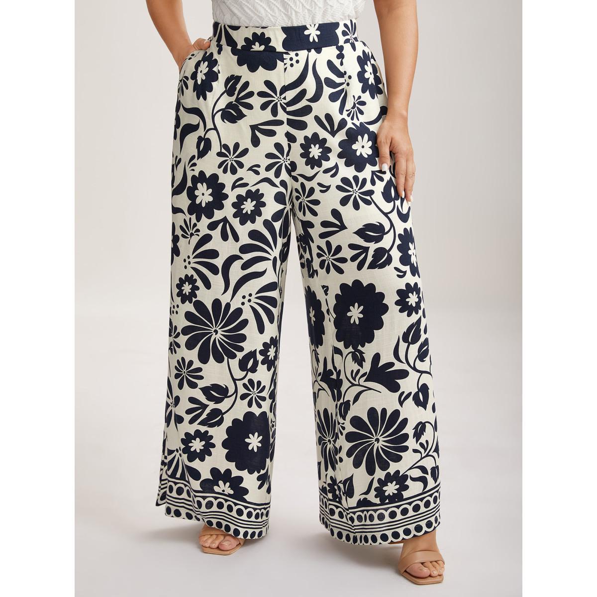 Plus Size Floral Print Wide-Leg Pants Women Indigo Elegant Wide Leg Mid Rise Everyday-Elegant Pants BloomChic 28/5X Product Image