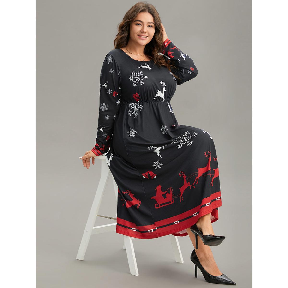 Plus Size Christmas Elk Print Contrast Elastic Waist Dress Black Women Office Printed Round Neck Long Sleeve Curvy Midi Dress BloomChic 22-24/3X Product Image