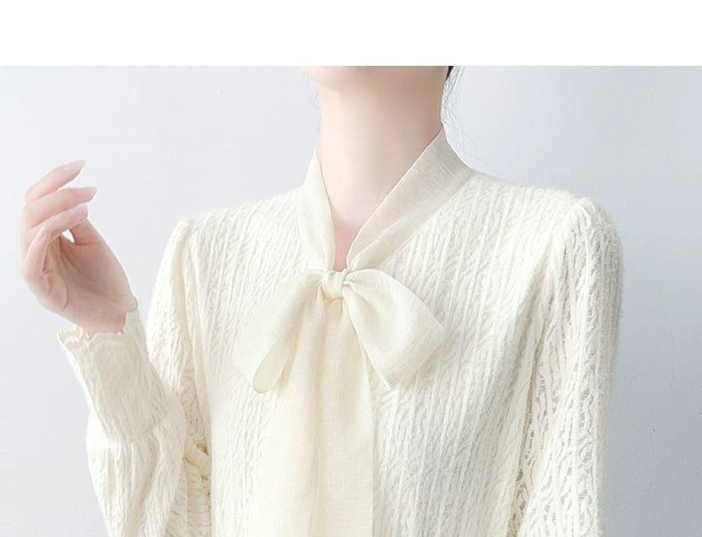 Long-Sleeve Tie-Neck Plain Blouse Product Image