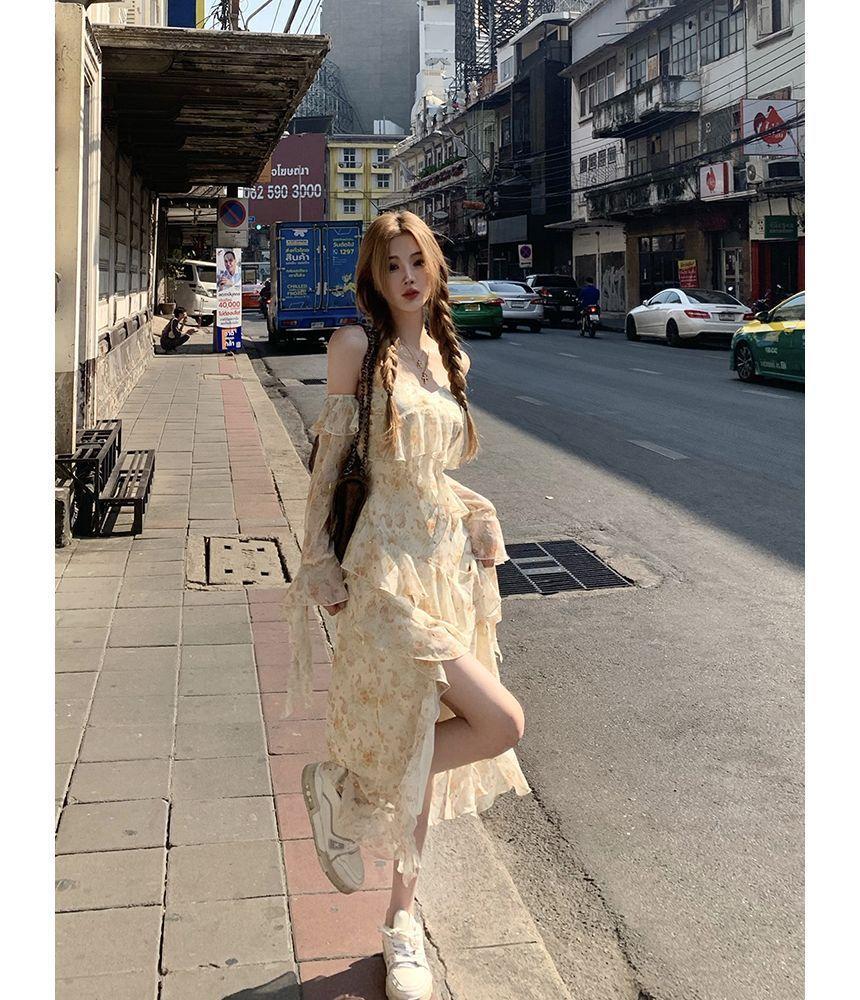 Cold-Shoulder Floral Ruffle Asymmetrical Midi Sundress Dress Product Image