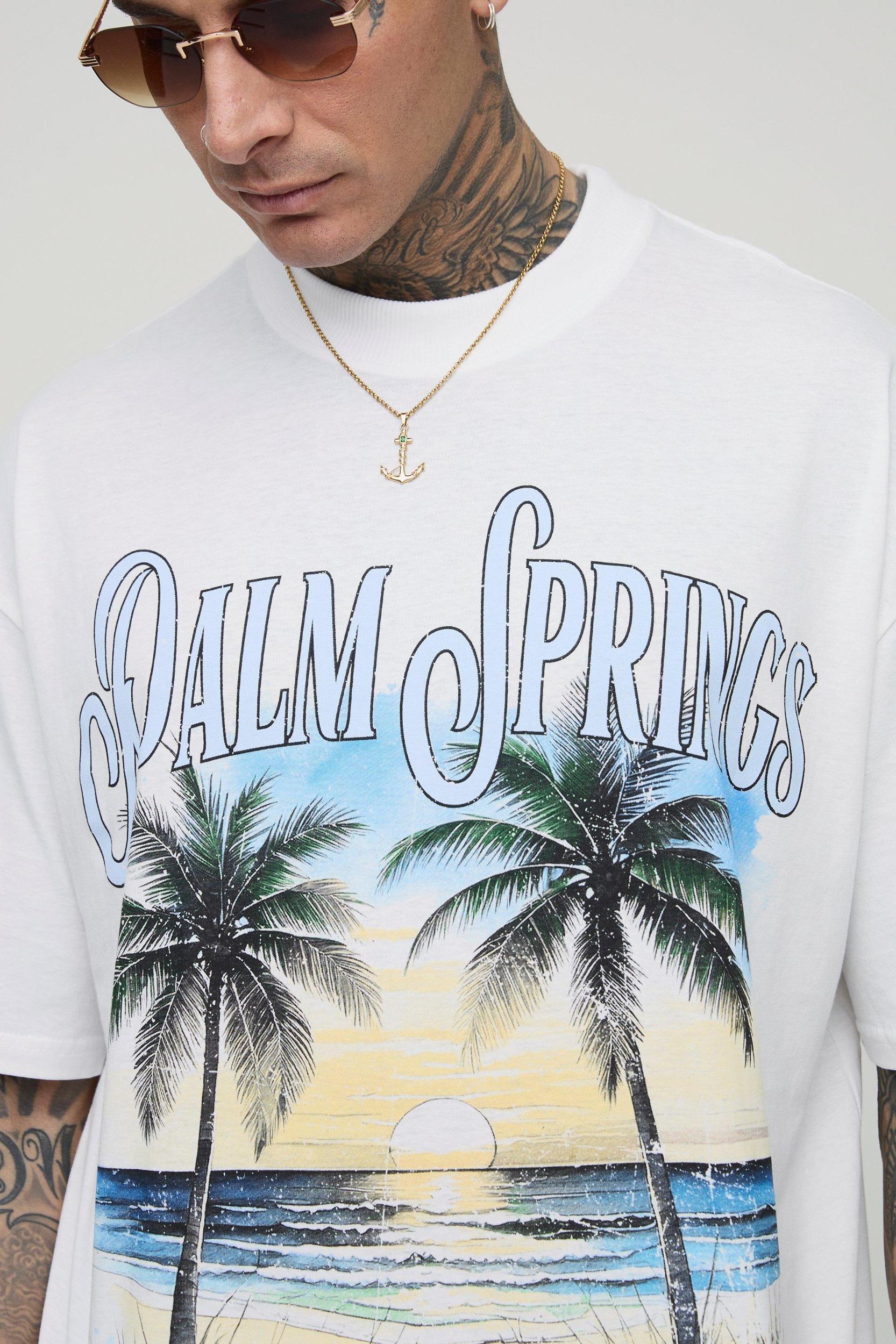 Tall Oversized Extended Neck Palm Springs Palm Print T-Shirt | boohooMAN USA Product Image