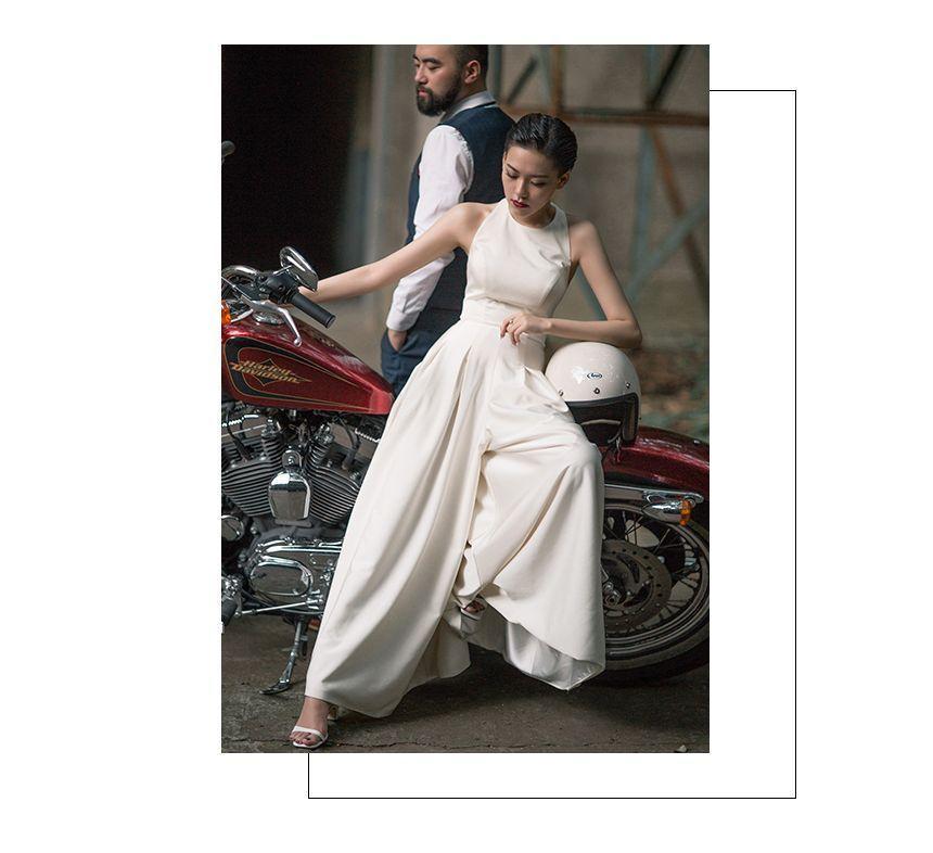 Sleeveless Halter Neck Plain Satin Wide Leg Jumpsuit Product Image