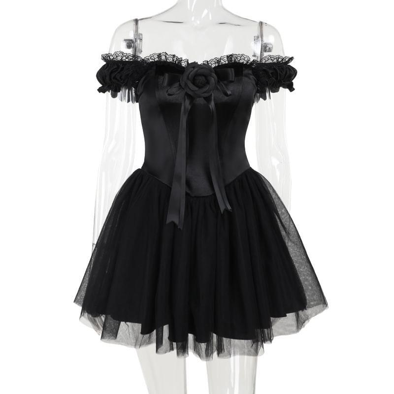 Off Shoulder Corset Waist Sheer Mini A-Line Dress Product Image