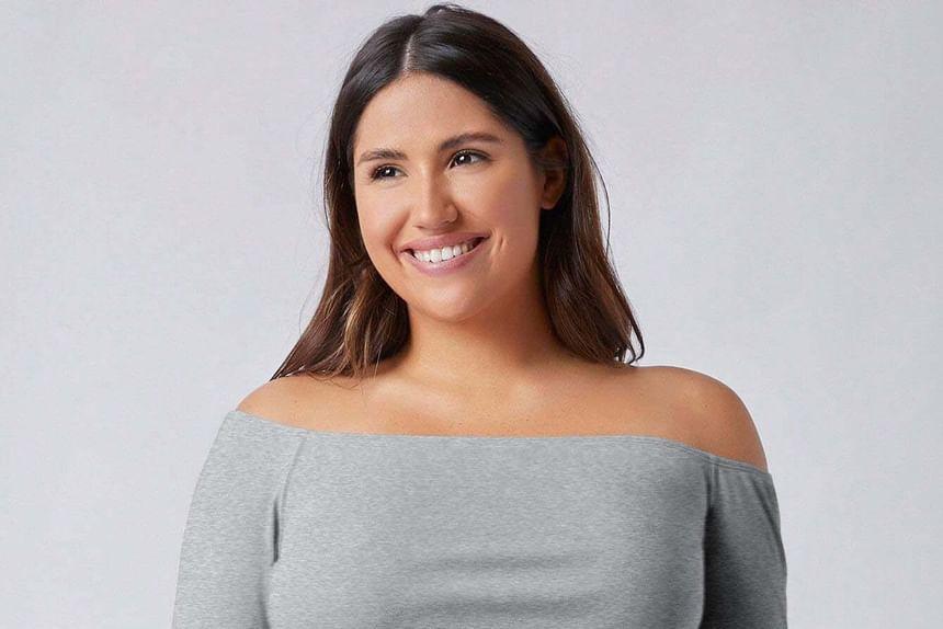 Plus Size Long-Sleeve Off-Shoulder Melange Crop Slim Fit Tee Product Image