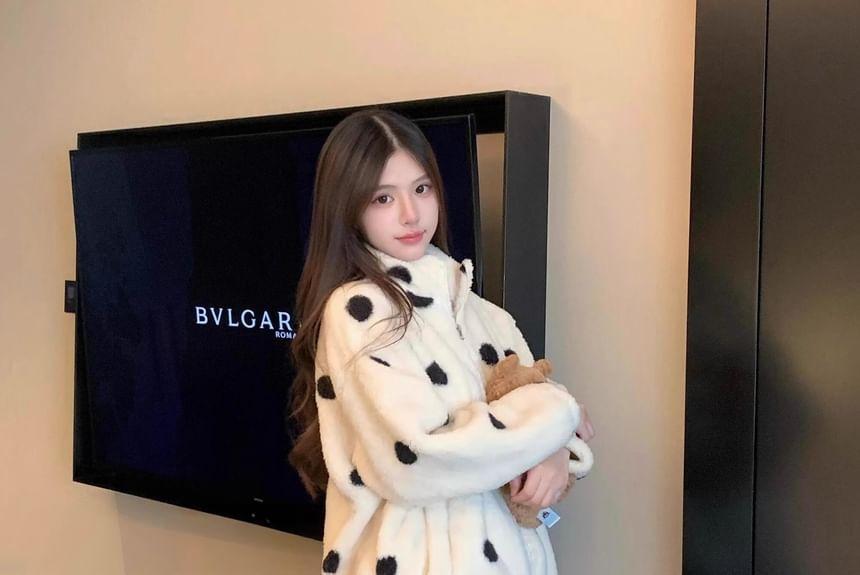 Pajama Set: Dotted Fleece Zip-Up Jacket + Pants Product Image