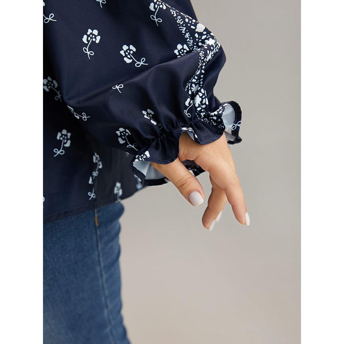 Plus Size Indigo Bandana Print Flutter Trim Blouse Women Resort Long Sleeve V-neck Vacation Blouses BloomChic 10/M Product Image