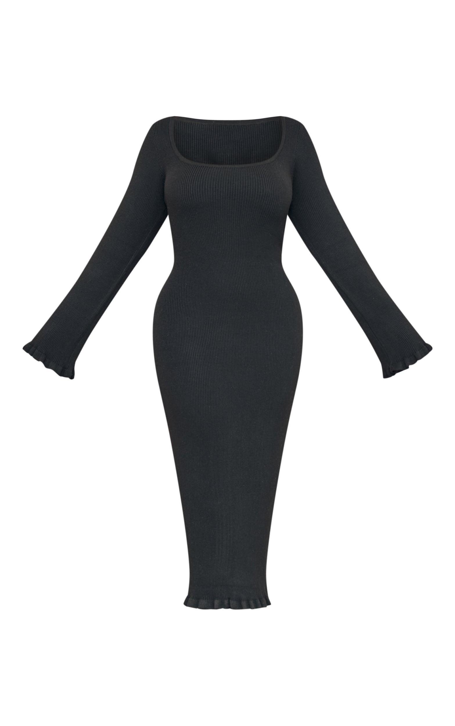 Plus Black Rib Knit Piquet Hem Midi Dress Product Image