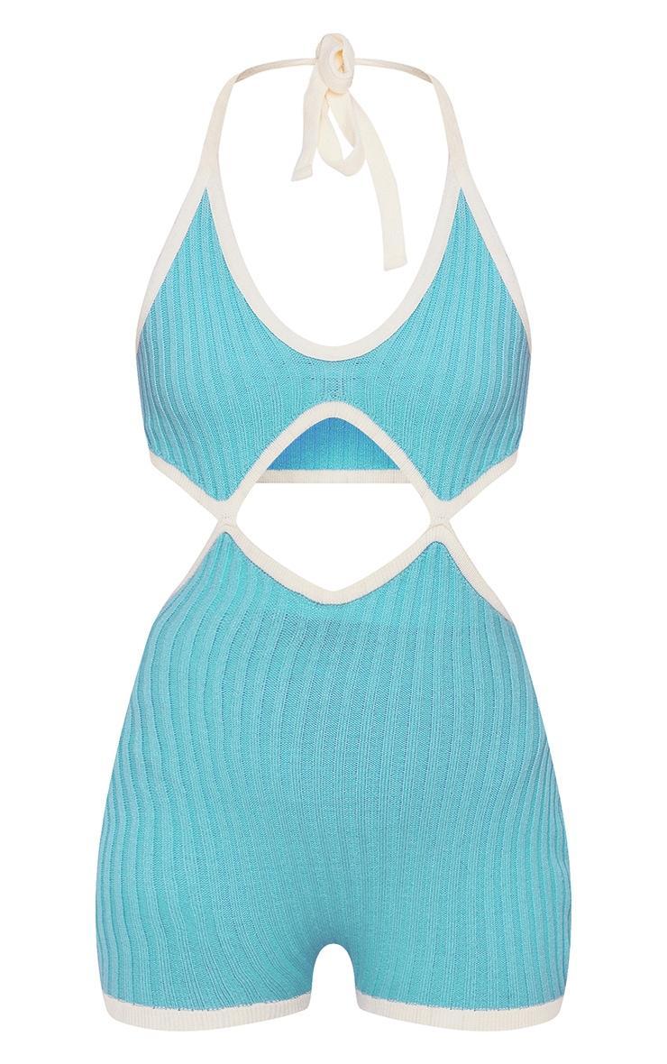 Blue Contrast Binding Cut Out Knit Romper Product Image