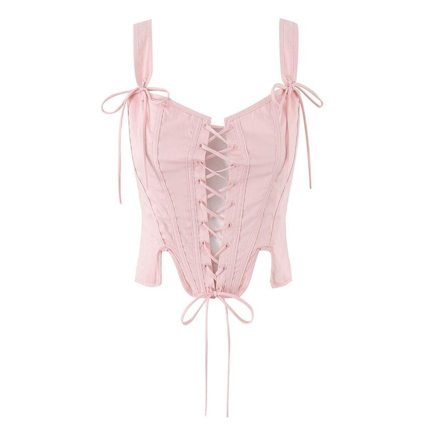 Sleeveless Lace-Up Plain Crop Corset Top Product Image