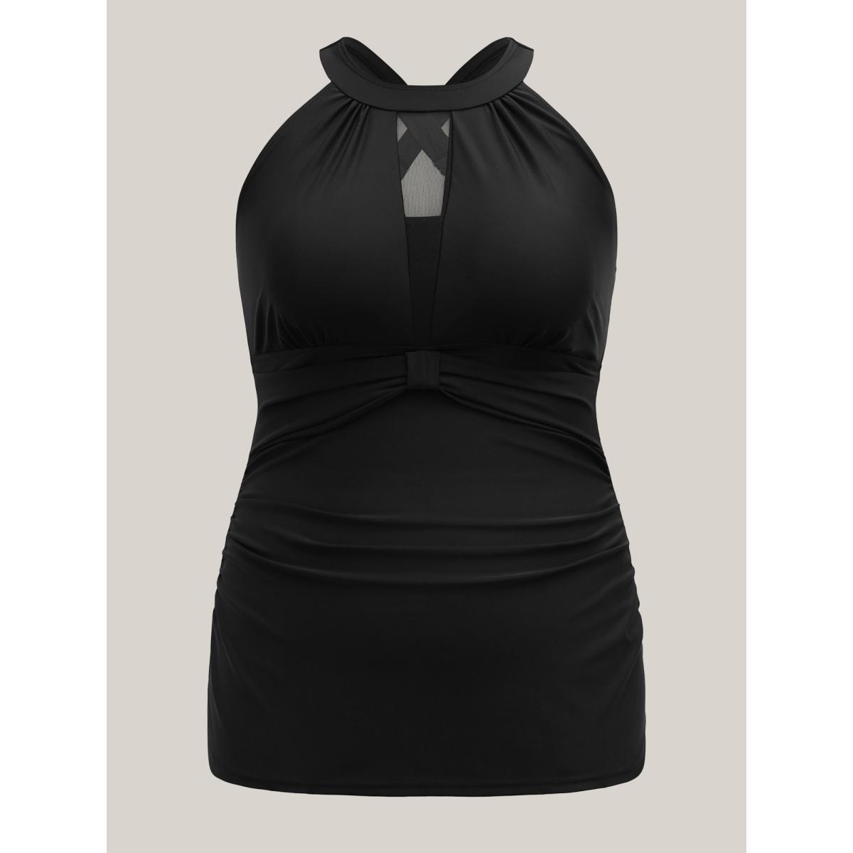 Plus Size Sheer Ruched Adjustable Straps Swim Top Women's Swimwear Black Beach Gathered High stretch Skinny Round Neck Curve Swim Tops BloomChic 22-24/3X Product Image