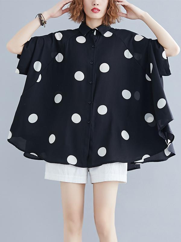 Batwing Sleeves Loose Polka-Dot Lapel Blouses&Shirts Tops Product Image