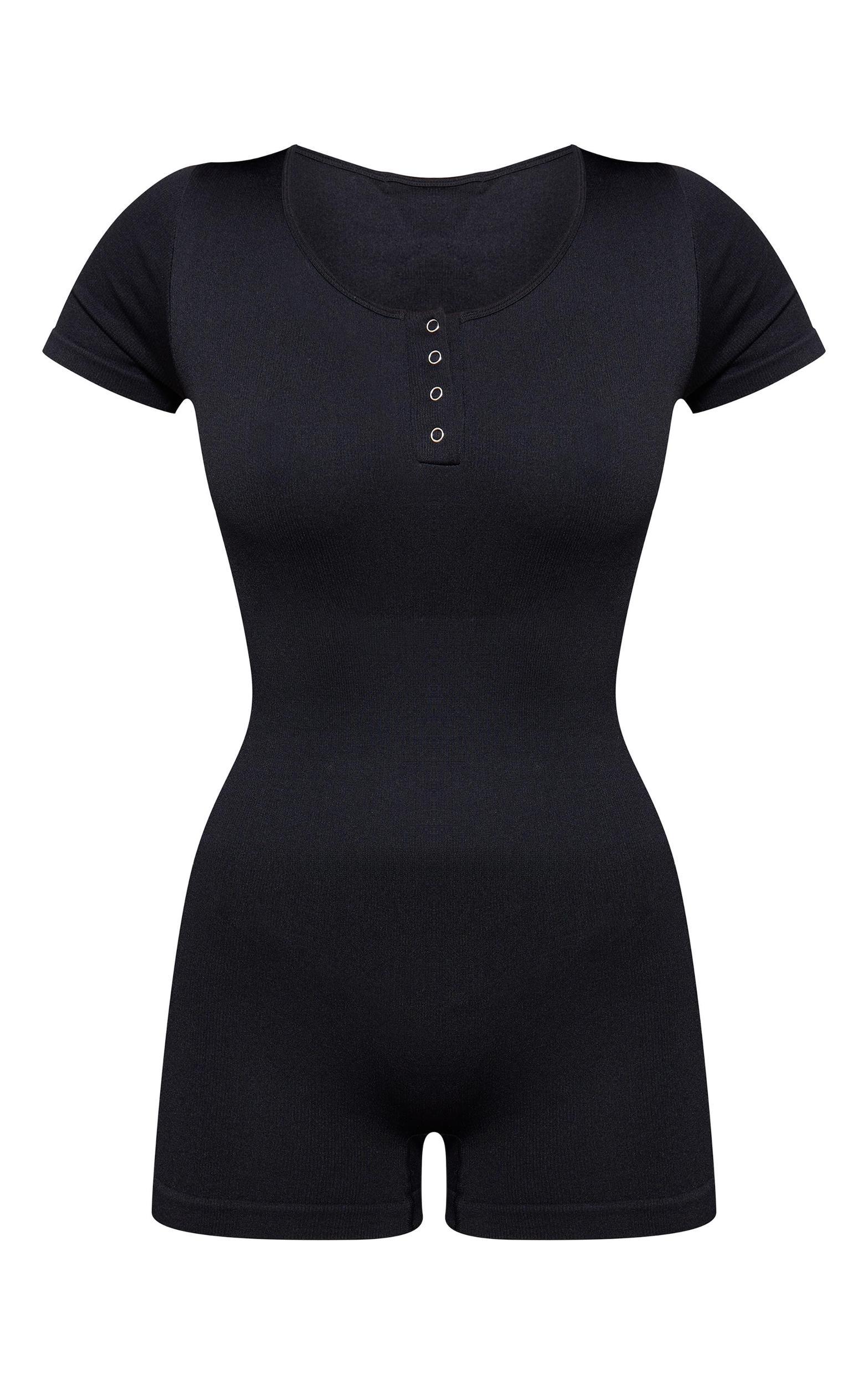 Black Seamless Button Detail Short Sleeve Unitard Product Image