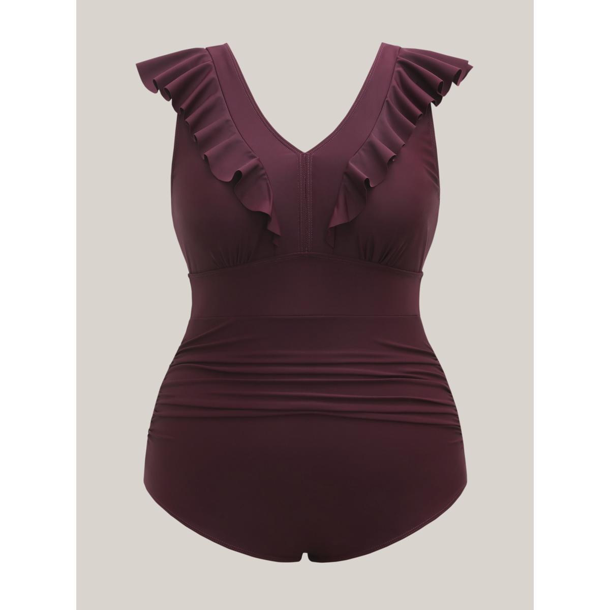 Plus Size Ruffled Trim Ruched One-Piece Swimsuit Women's Swimwear Deepred Beach Curve Bathing Suits High stretch One Pieces BloomChic 26/4X Product Image