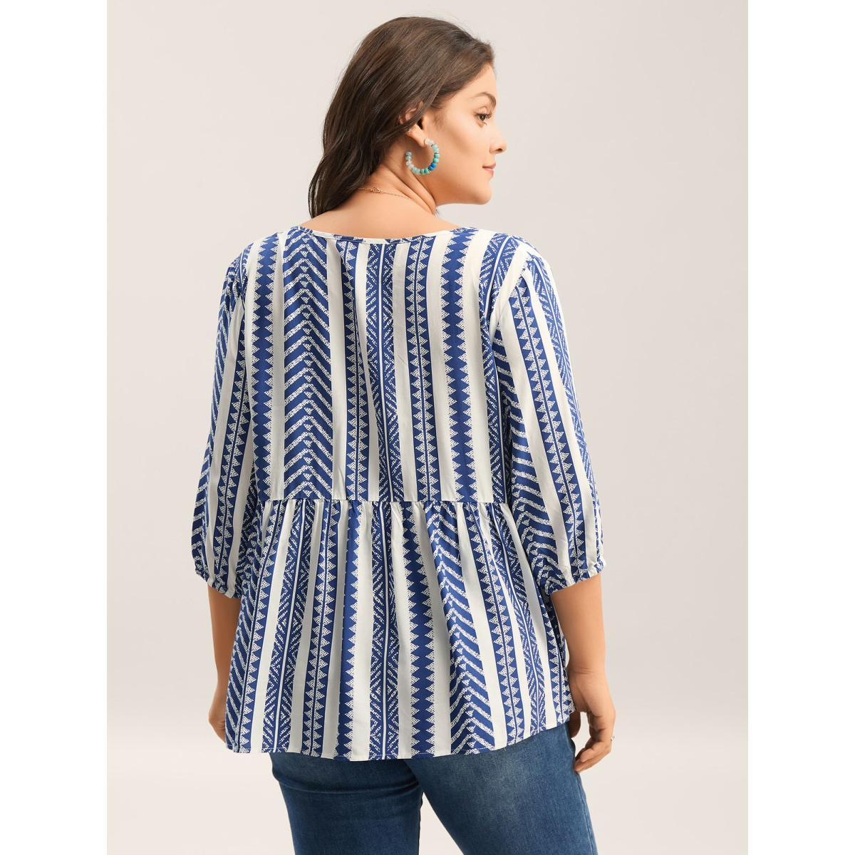 Plus Size DarkBlue Nautical Stripes Rayon Tassels Blouse Women Elbow-length sleeve Notched collar Vacation Blouses BloomChic 28/5X Product Image