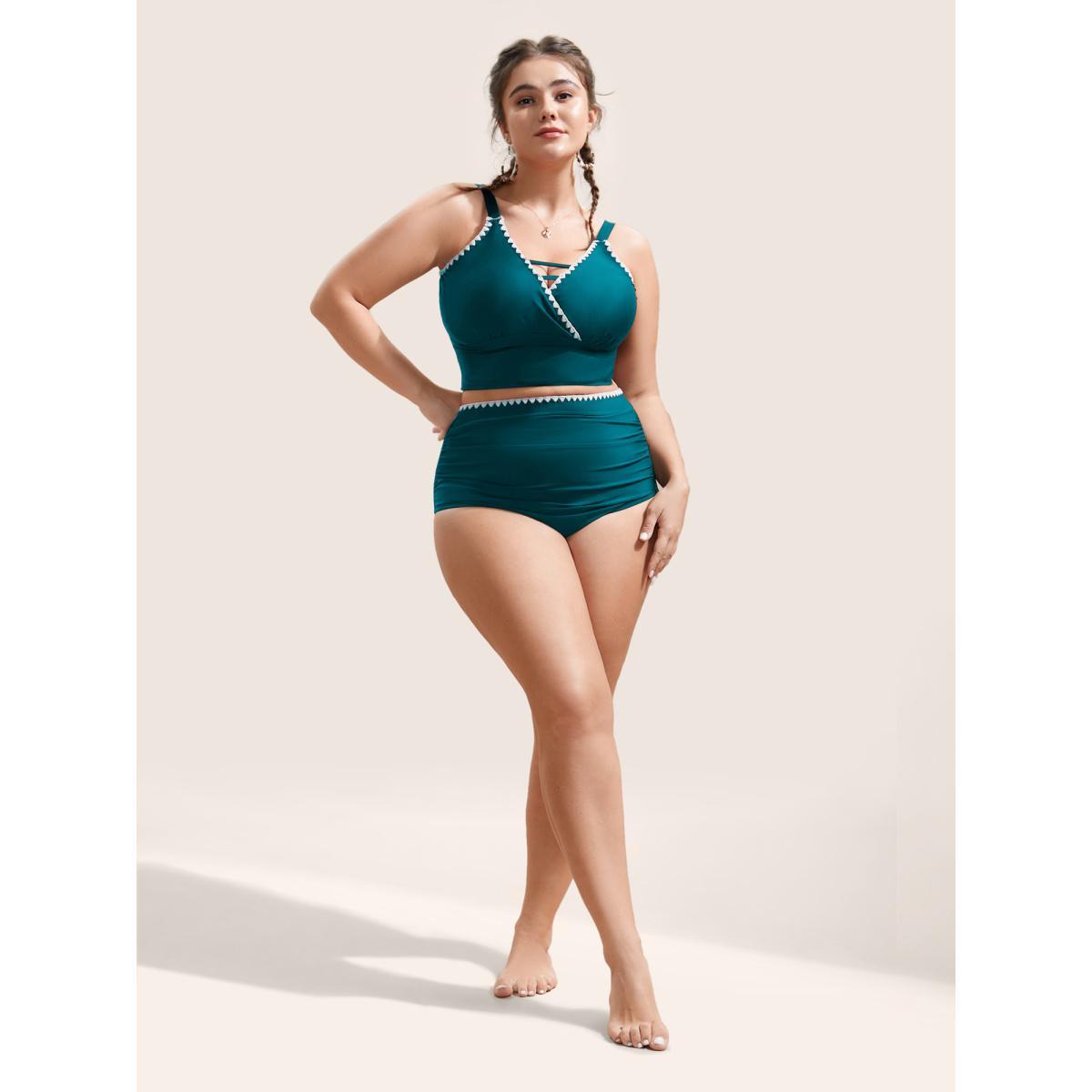 Plus Size Shell Stitch Hollow Out Warp Swim Top Women's Swimwear Black Beach Non High stretch Skinny V-neck Curve Swim Tops BloomChic 26/4X Product Image