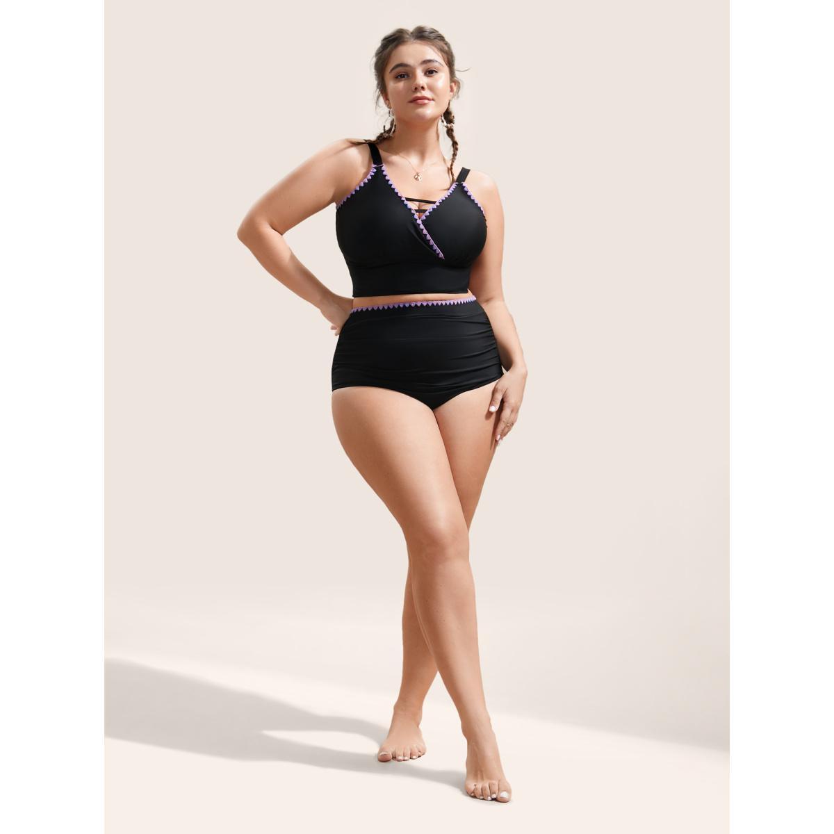 Plus Size Shell Stitch Hollow Out Warp Swim Top Women's Swimwear Black Beach Non High stretch Skinny V-neck Curve Swim Tops BloomChic 26/4X Product Image
