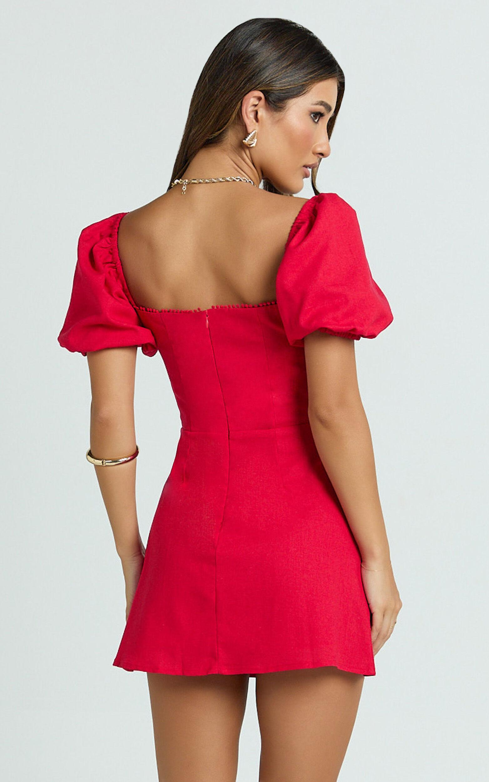 Jules Mini Dress - Puff Sleeve Square Neck Fit And Flare Dress in Red Product Image