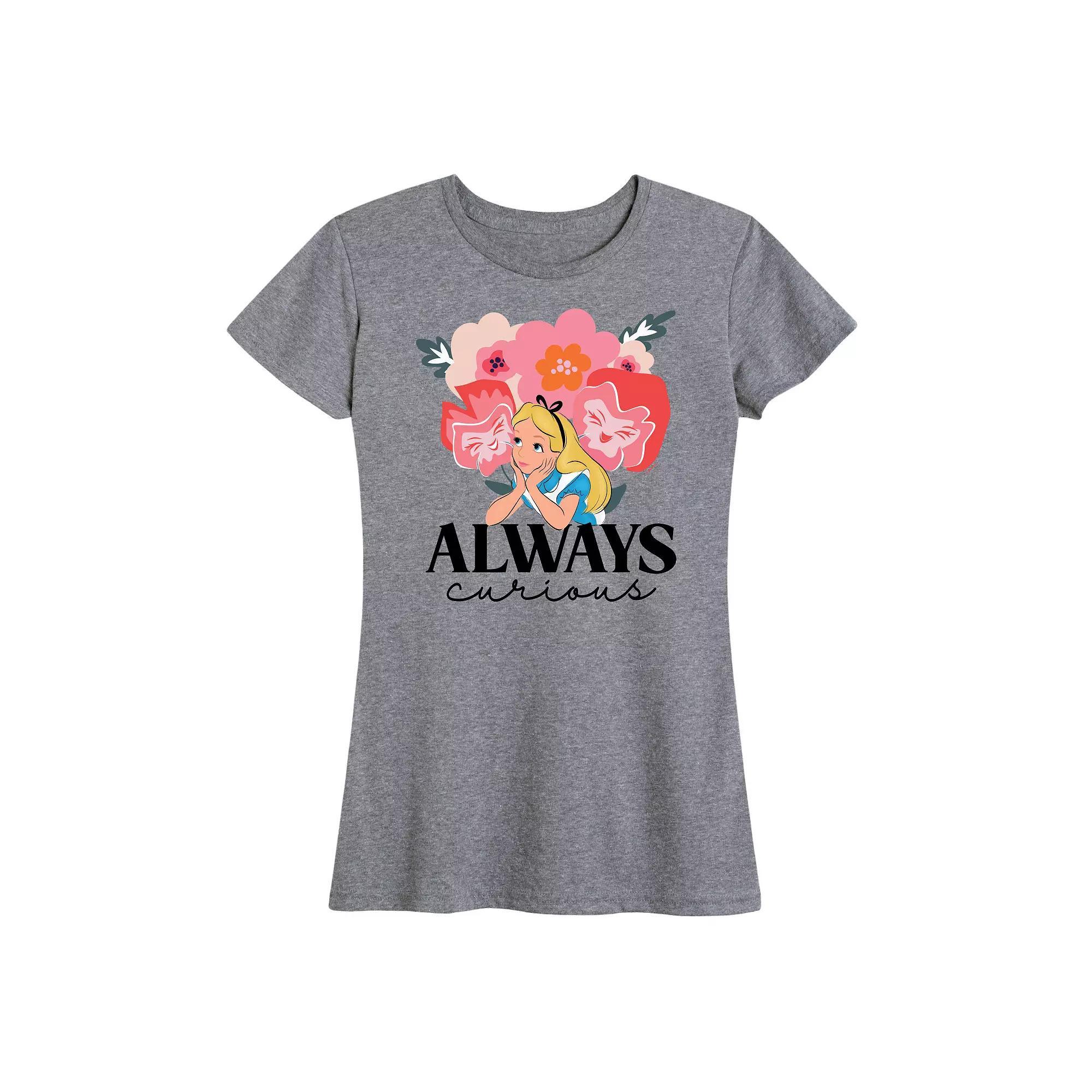 Disneys Alice in Wonderland Womens Always Curious Graphic Tee, Girls Grey Gray Product Image