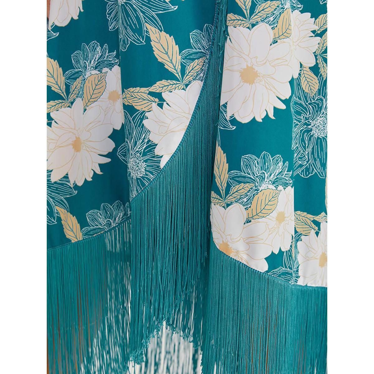 Plus Size Floral Print Wrap Tassel Trim Lantern Sleeve Dress Cerulean Women Elegant Elastic cuffs V-neck Long Sleeve Curvy Midi Dress BloomChic 14-16/1X Product Image