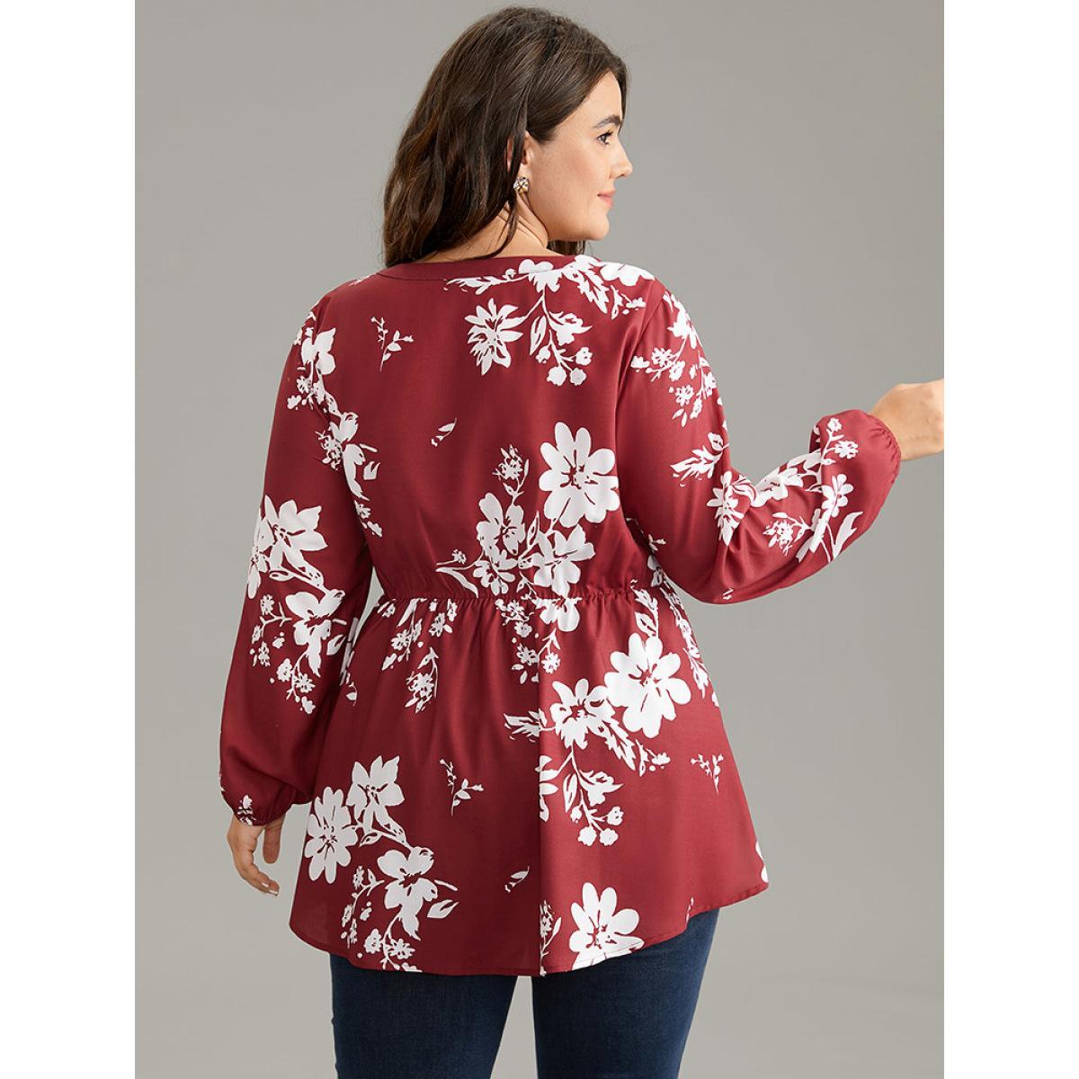 Plus Size Scarlet Silhouette Floral Print Elastic Waist Cut Out Blouse Women Elegant Long Sleeve Round Neck Dailywear Blouses BloomChic 30/6X Product Image