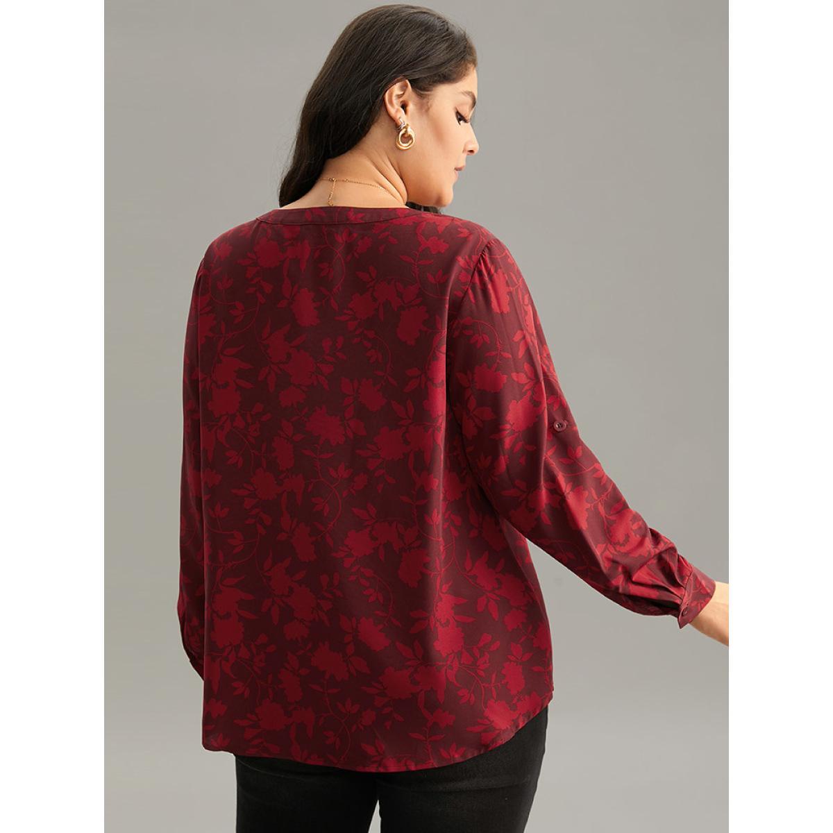 Plus Size Scarlet Silhouette Floral Print Gathered Tab Sleeve Blouse Women Elegant Long Sleeve Notched collar Party Blouses BloomChic 12/L Product Image
