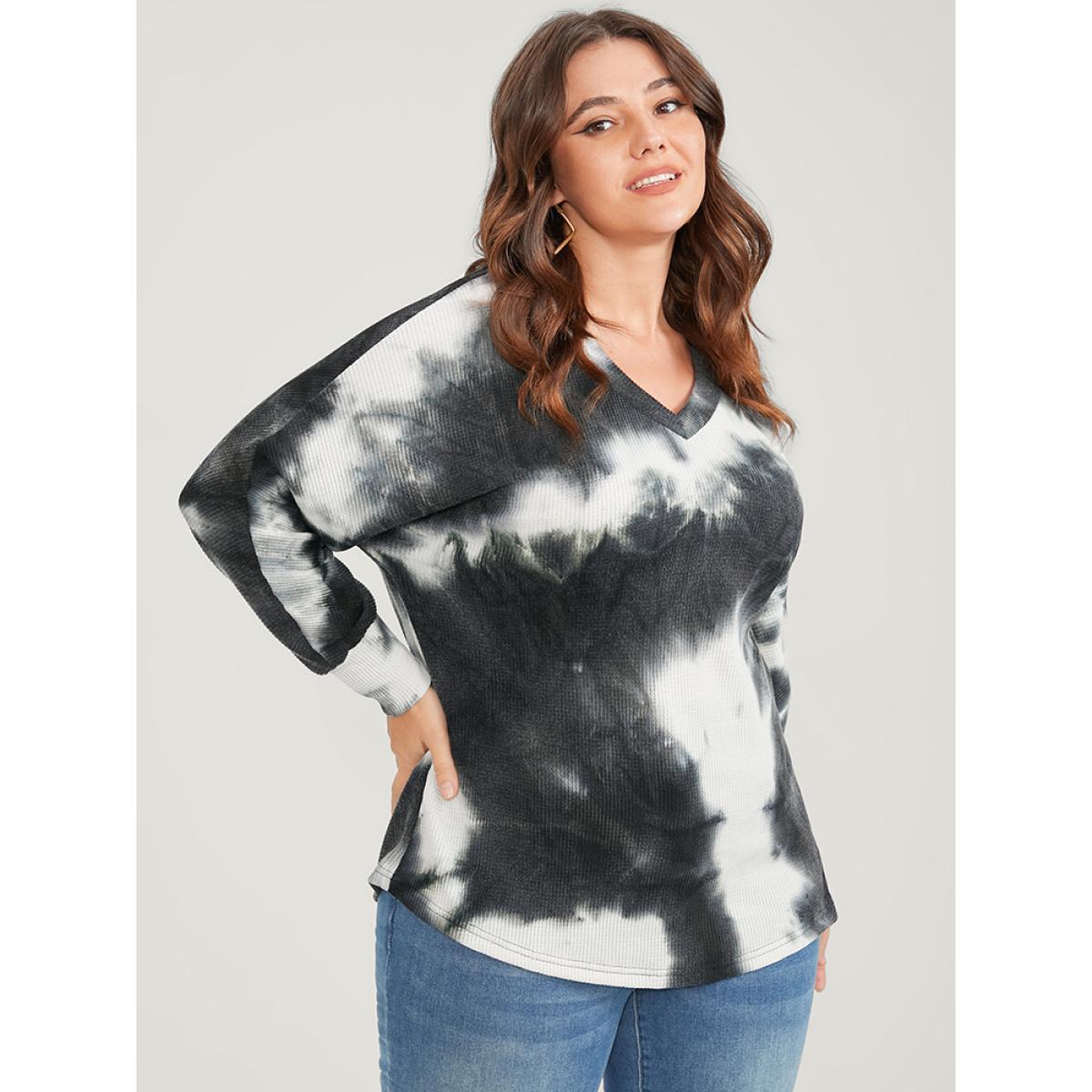 Plus Size Tie Dye Dolman Sleeve Waffle Knit Drop Shoulder Sweatshirt Women Black Casual Tie Dye Loose V-neck Dailywear Sweatshirts BloomChic 28/5X Product Image