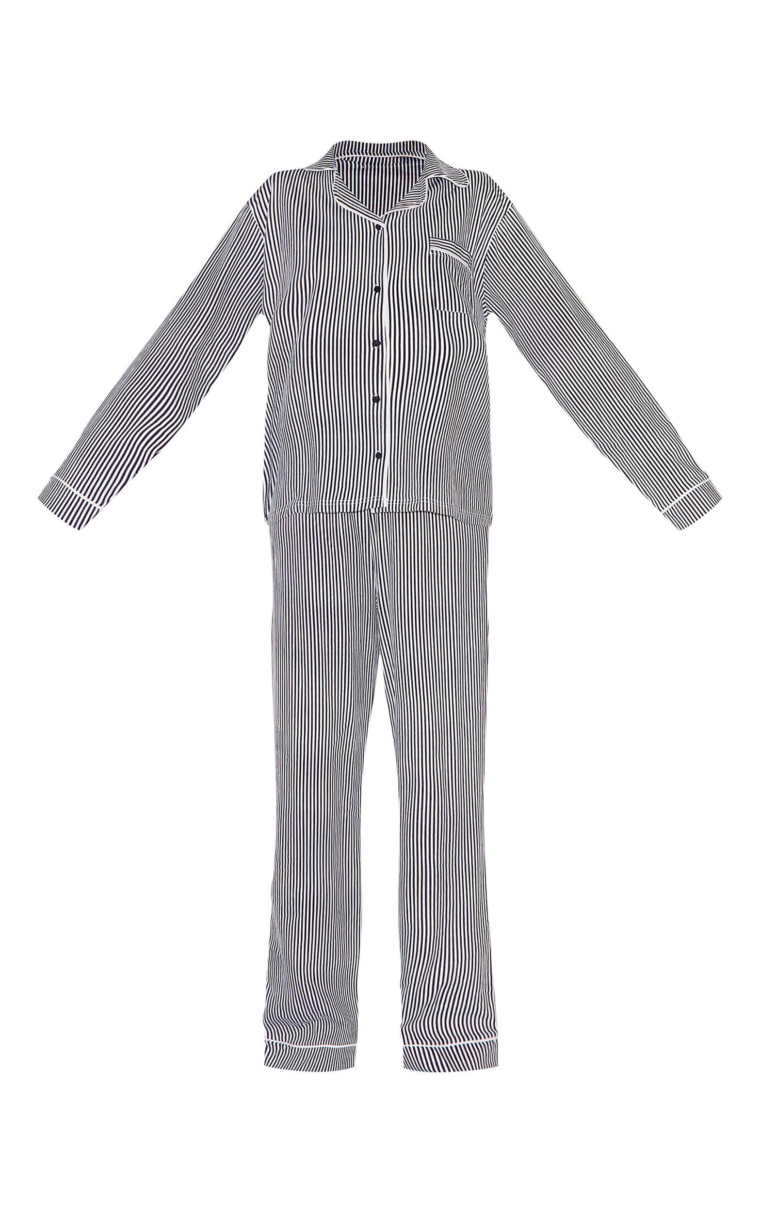 Navy Stripe Print Jersey Piping Detail Long Pj Set Product Image