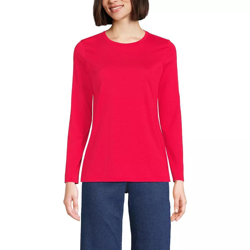 Petite Lands End Relaxed-Fit Supima Long Sleeve Cotton Crewneck Tee, Womens Ivory Green Stripe Product Image