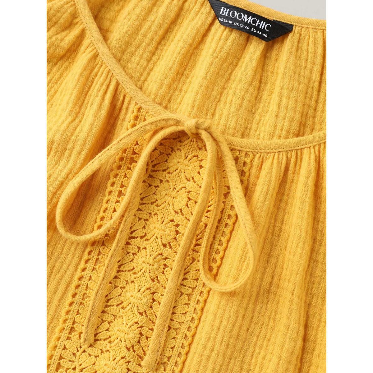 Plus Size Turmeric Pure Cotton Lace Placket Tied Blouse Women Short sleeve Round Neck Everyday-Casual Blouses BloomChic 26/4X Product Image