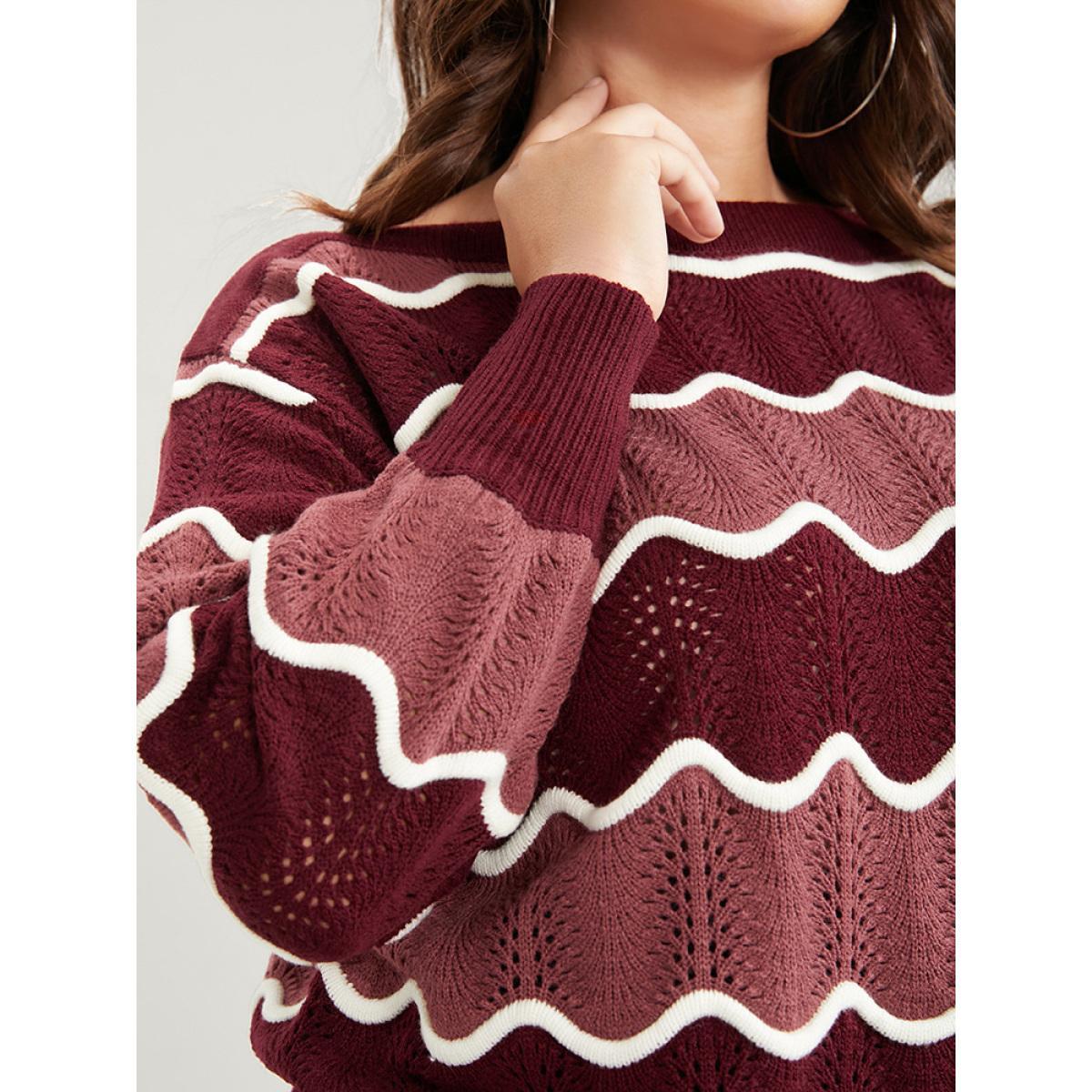 Plus Size Colorblock Contrast Pointelle Knit Water Ripple Knit Top Scarlet Women Elegant Long Sleeve Round Neck Dailywear Pullovers BloomChic 22-24/3X Product Image