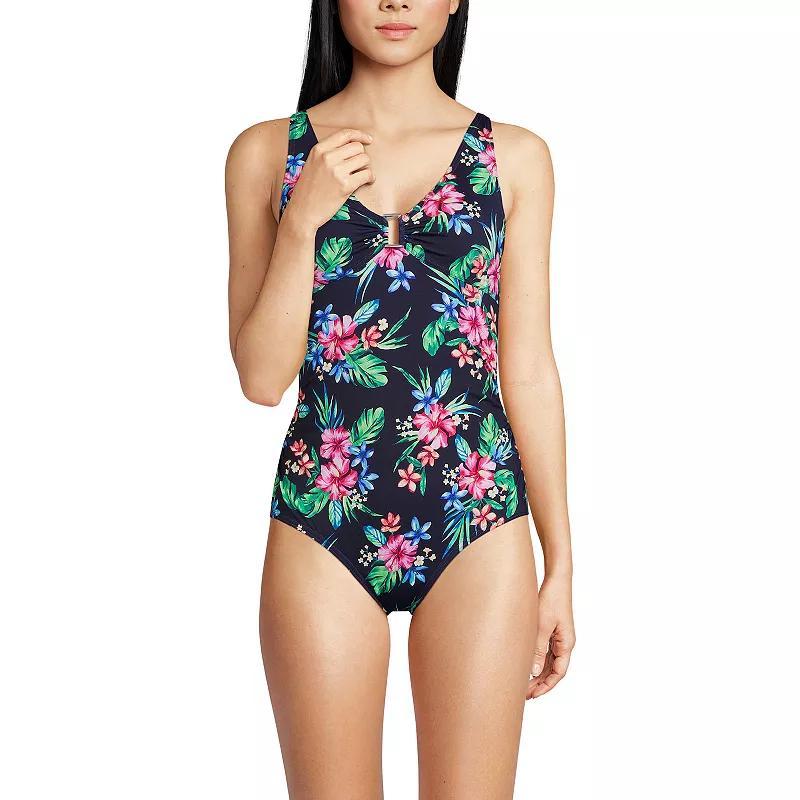 Womens Lands End Long Torso Embellished V-Neck Shirred One-Piece Swimsuit Product Image