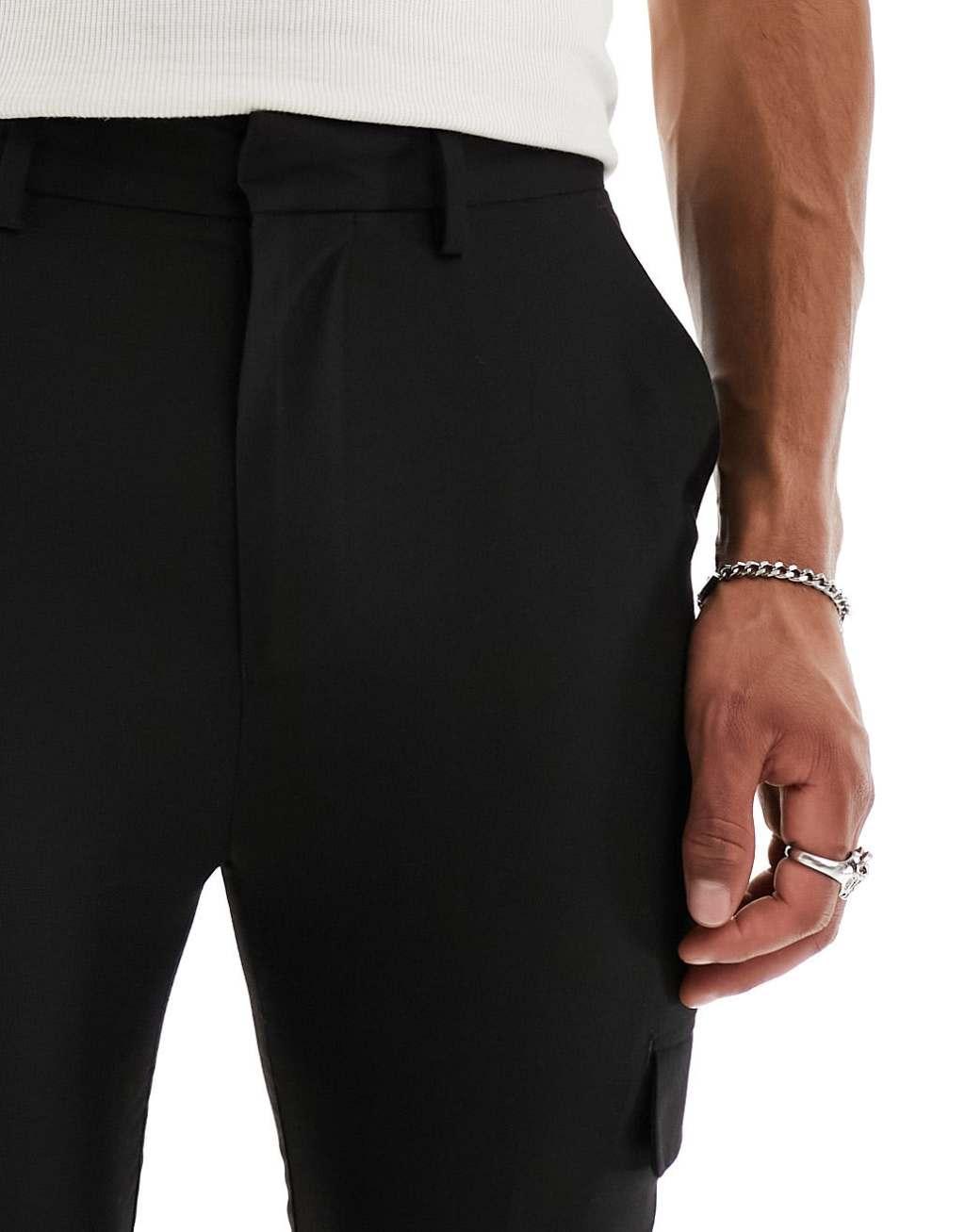 ASOS DESIGN smart tapered pants with cargo pockets in black Product Image