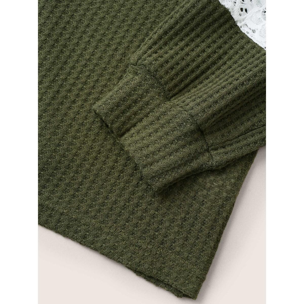 Plus Size Waffle Knit Contrast Lace Patchwork T-shirt ArmyGreen Women Elegant Contrast Plain Round Neck Everyday T-shirts BloomChic 18-20/2X Product Image