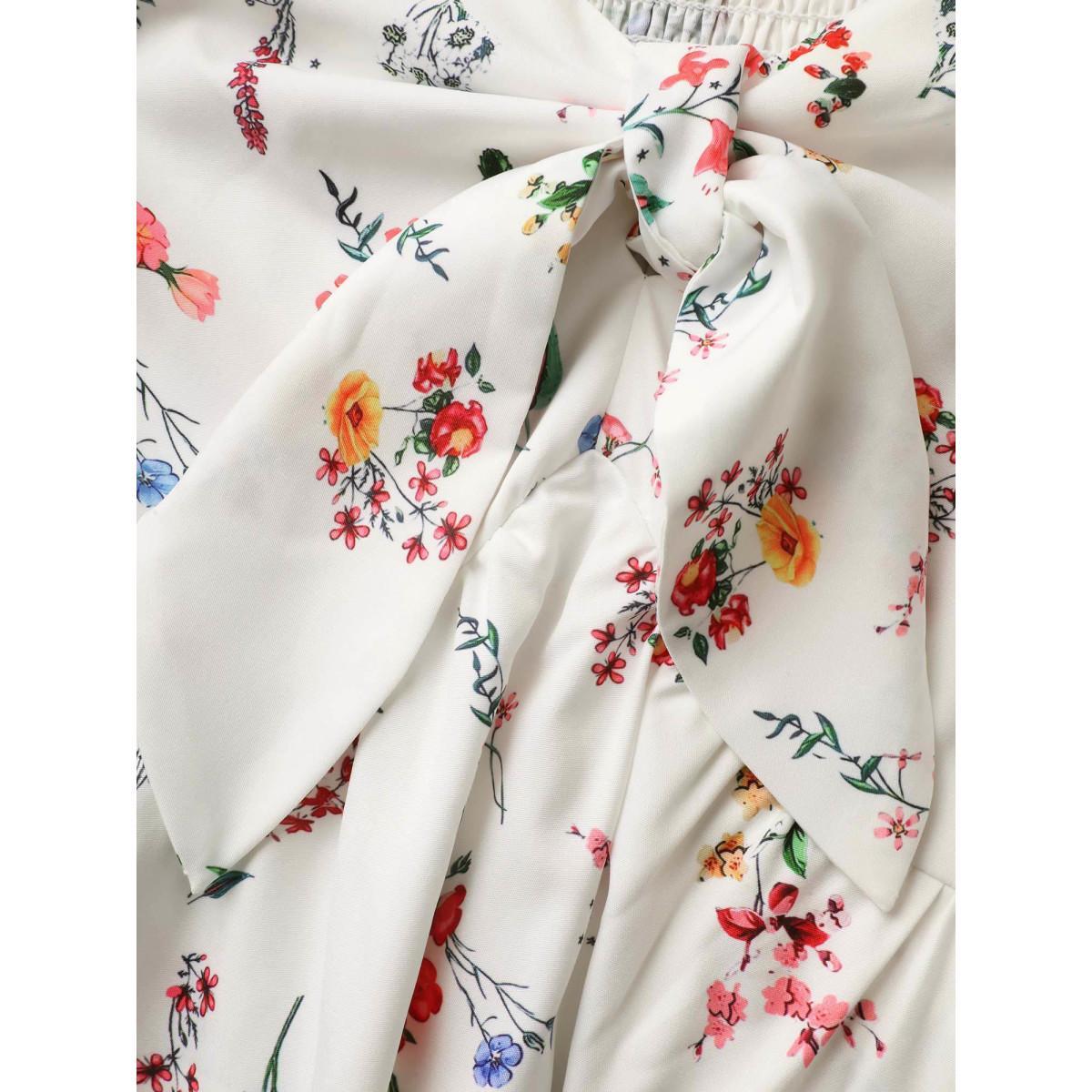 Plus Size Heart Neckline Floral Print Tie Knot Dress Originalwhite Women Elegant Tie knot Heart neckline Half Sleeve Curvy BloomChic 18-20/2X Product Image