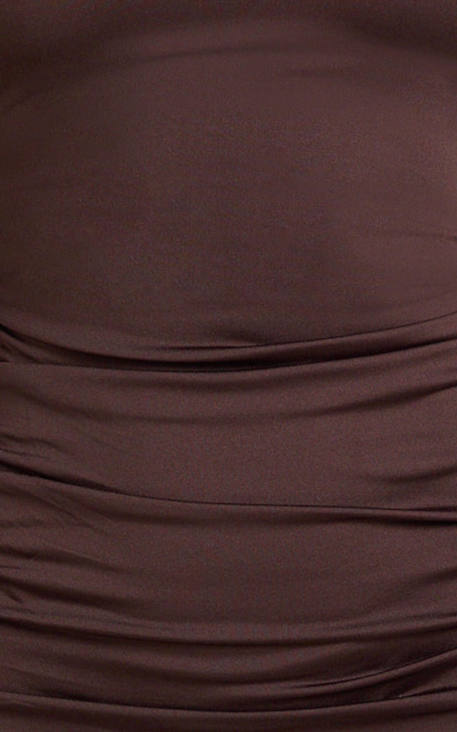 Misty Mini Dress - Wide Neckline Ruched Jersey Dress in Brown Product Image