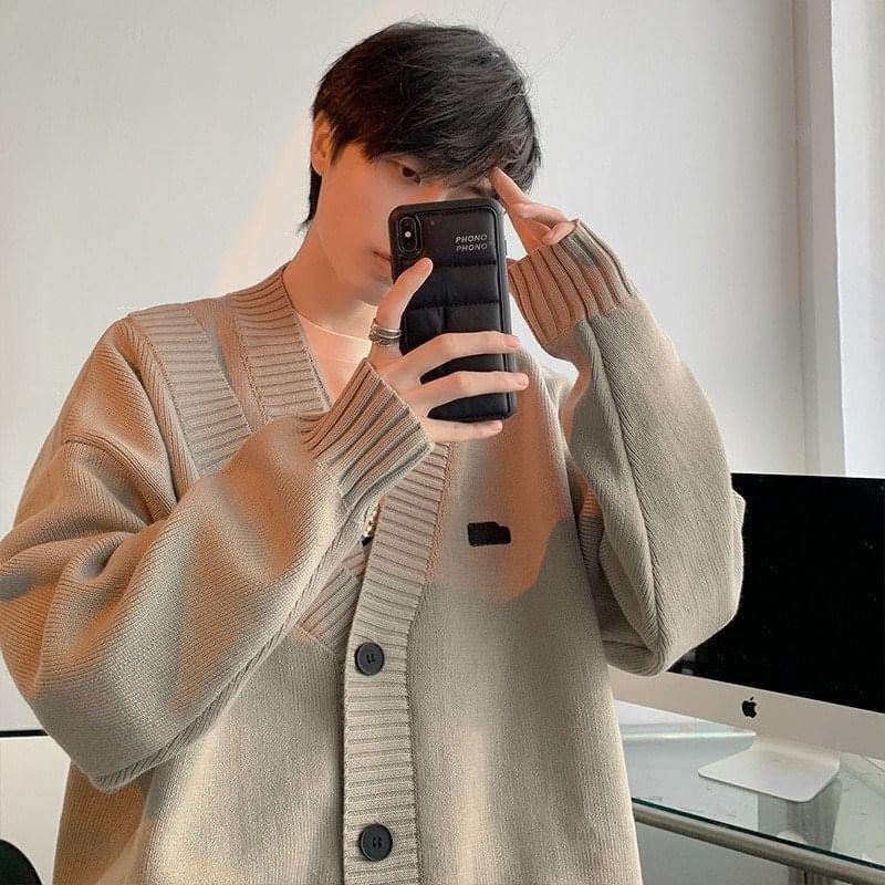 V-Neck Plain Button Cardigan Product Image