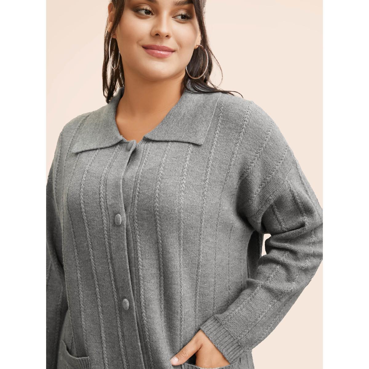 Plus Size Plain Textured Polo Neck Pocket Cardigan Mediumgray Women Casual Loose Long Sleeve Everyday Cardigans BloomChic 18-20/2X Product Image