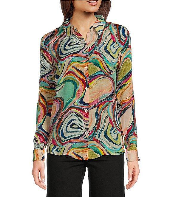 APNY Abstract Print Point Collar Roll Sleeve Button Front Blouse Product Image