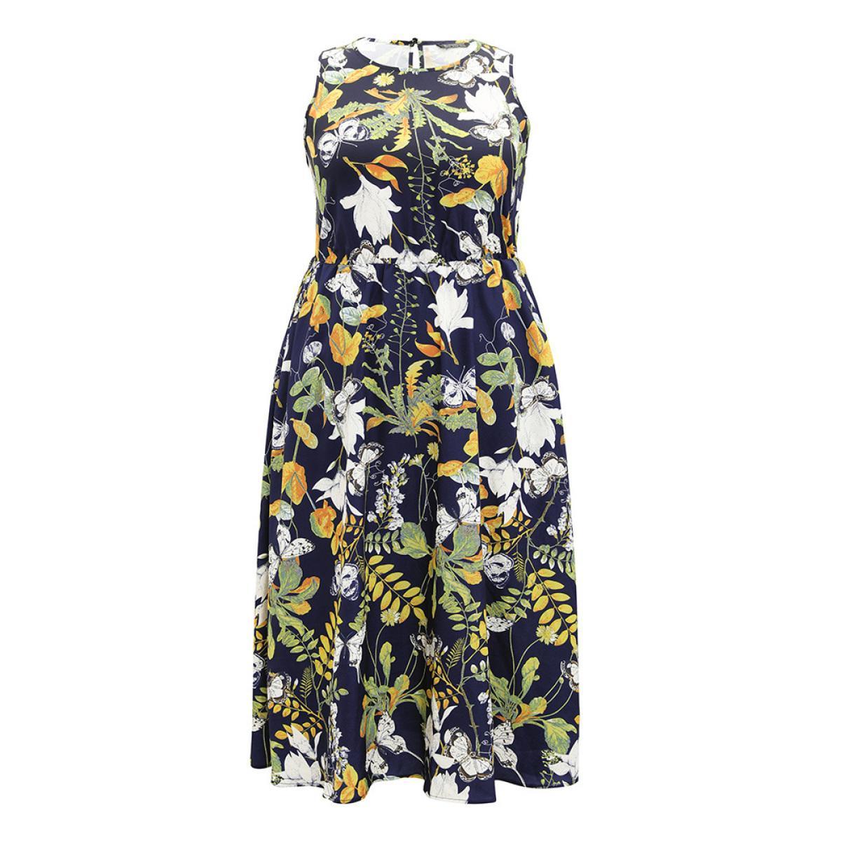 Plus Size Floral Print Pocket Sleeveless Ruffle Hem Dress DarkBlue Women Vacation Gathered Round Neck Sleeveless Curvy Midi Dress BloomChic 30/6X Product Image
