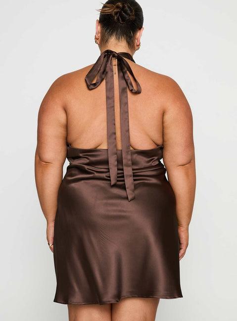 Pelagia Halter Scarf Tie Mini Dress Brown Curve Product Image